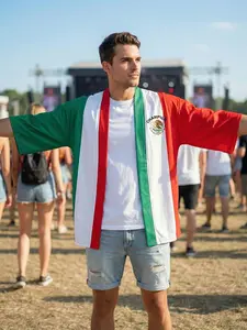 Mexican Flag Print Loose Kimono Open Front Top, Men's Summer Street Style Seven-Eighth Sleeve Football Fan Jacket, Casual Sun Protection Shirt, Streetwear