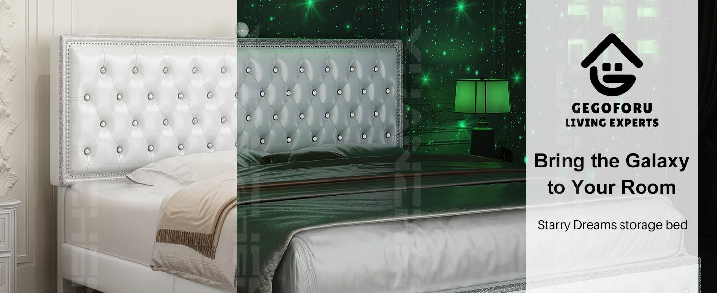 Queen LED Bed Frame with Galaxy Projector, Bluetooth Speakers, 4 Storage Drawers, PU Leather Upholstered – Smart RGB Light Bed for Gaming & Bedroom Decor | Cama LED Queen