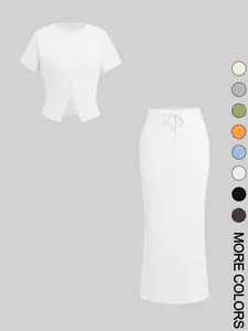 Women's Solid Button Front Tee & Drawstring Split Hem Skirt Two-piece Set, Casual Short Sleeve Top & Skirt for Daily Wear, Ladies Two-piece Outfits for All Seasons, Matching Clothing Set Women