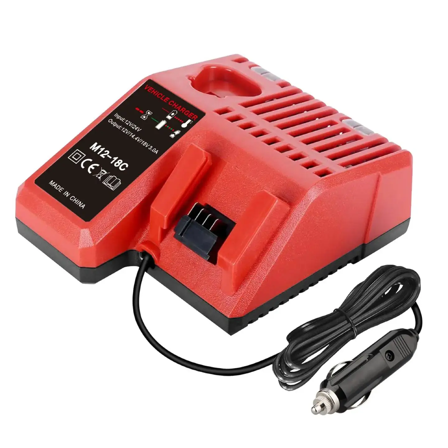 M12-18C Vehicle Battery Charger, Replacement for Milwaukee for M12 12V & for M18 18V Lithium Ion Batteries, 12V/24V Cigarette Lighter Input, 3A Fast Charging, LED Indicator