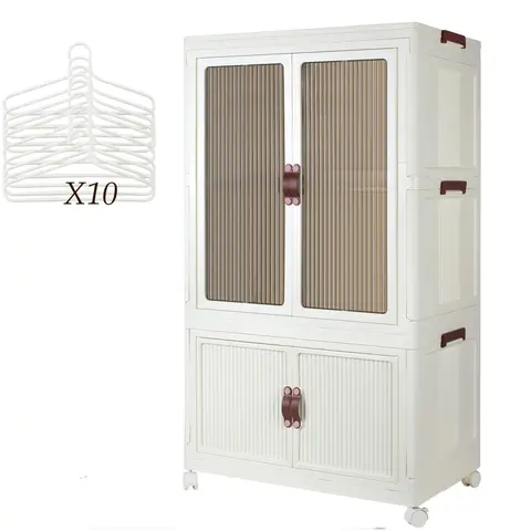 Portable Wardrobe Closet Armoire Storage Furniture - 24.8"l x 15.6"w x 42"h Bedroom Closet Organization System with Hanging Rod, Doors, Wheels, 10 Hangers, Stackable Collapsible Lidded Storage Bins, Room Accessories Home Organizer