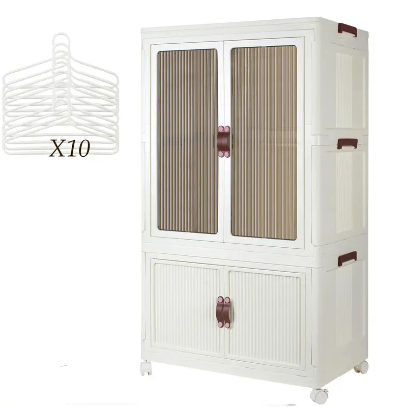 Portable Wardrobe Closet Armoire Storage Furniture - 24.8"l x 15.6"w x 42"h Bedroom Closet Organization System with Hanging Rod, Doors, Wheels, 10 Hangers, Stackable Collapsible Lidded Storage Bins, Room Accessories Home Organizer