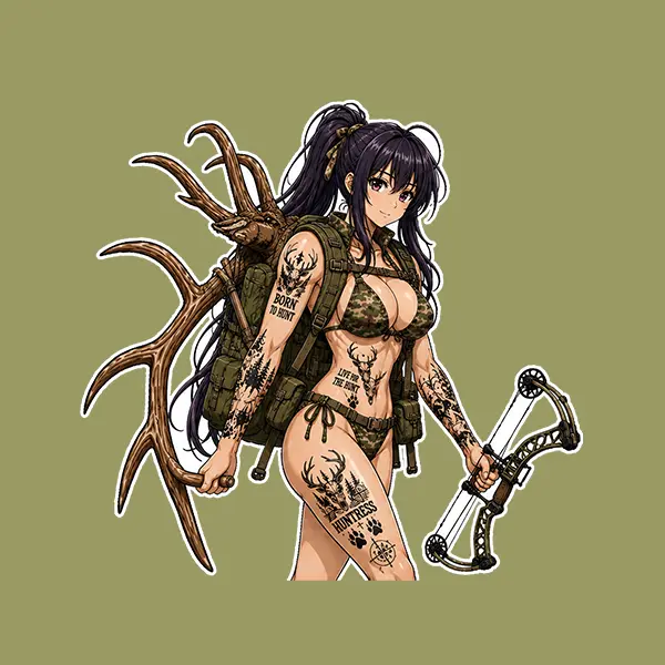 Akeno Himejima Hunting Sticker, Anime Hunter Girl Camo Decal, Hunting Tattoo Vinyl Sticker, Compound Bow Waterproof Car Truck Laptop Decal