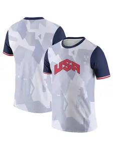 US team short-sleeve jersey, Athletic T shirt featuring Red White Blue, geometric camouflage print, and a USA logo. This street-sport style jersey is durable for everyday wear and made from a soft, skin-friendly fabric—the gift for fans.