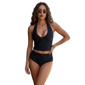 Women's Summer Tankini Swimsuit Tummy Control Two Piece Bathing Suit Halter Neck Tops with Micro Shorts Fashion Swimwear