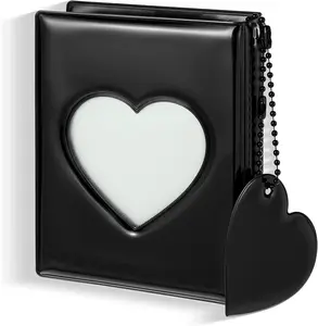 Mini Photocard Binder 3 Inch Heart Hollowed Photocard Holder Book Photo Album Hearts Hollowed Cover Photocards Binder with 32 Pockets and Heart Pendant (Black)