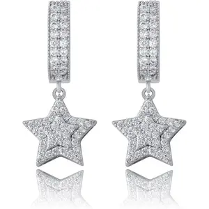 Iced Dangle Hoop Earrings 14K Golden Plated 5A+ Cubic Zirconia Star Pin Lock Cartilage Hoop Dangle Drop Earrings For Men Women