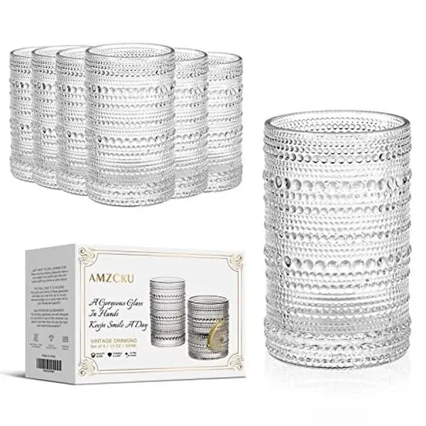 Amzcku 13oz Vintage Highball Drinking Glass Set of 6 Kitchen Glasses Cup for Water,Cocktail,Milk,Juice and Beverage
