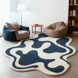 Modern Minimalist Blue Flowing Lines Plush Rug, Fluffy Area Rug, Decorative Rug, High Density Soft Skin-Friendly Comfort, Living Room Bedroom Large Irregular Shape Carpet