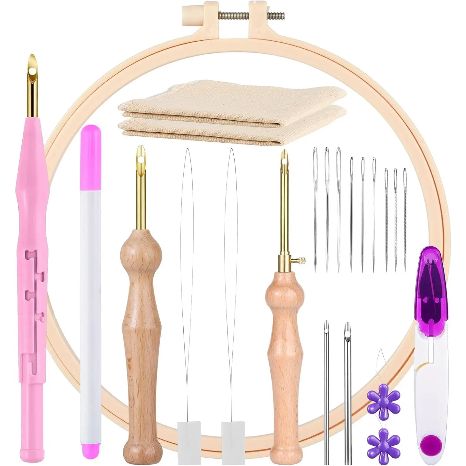 21-Count Embroidery Craft Punch Kit - Adjustable Tool, Wooden Handle Pen, Hoops, Cloth, Big Eye Threaders (Pink)