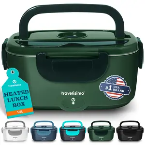 TRAVELISIMO Electric Lunch Box for Adults 80W Self Heating 1.5L Tray 12V/24V/110V Portable Dark Green Steel Warmer Stylish Durable Heat Up Quick food container