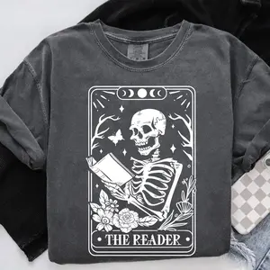 Comfort Colors, The Reader Tarot Card Shirt, Skeleton Reading Tshirt, Unisex Tarot Card Tee, Book Lover Gift, Bookish Gift,Tarot Lover Gift