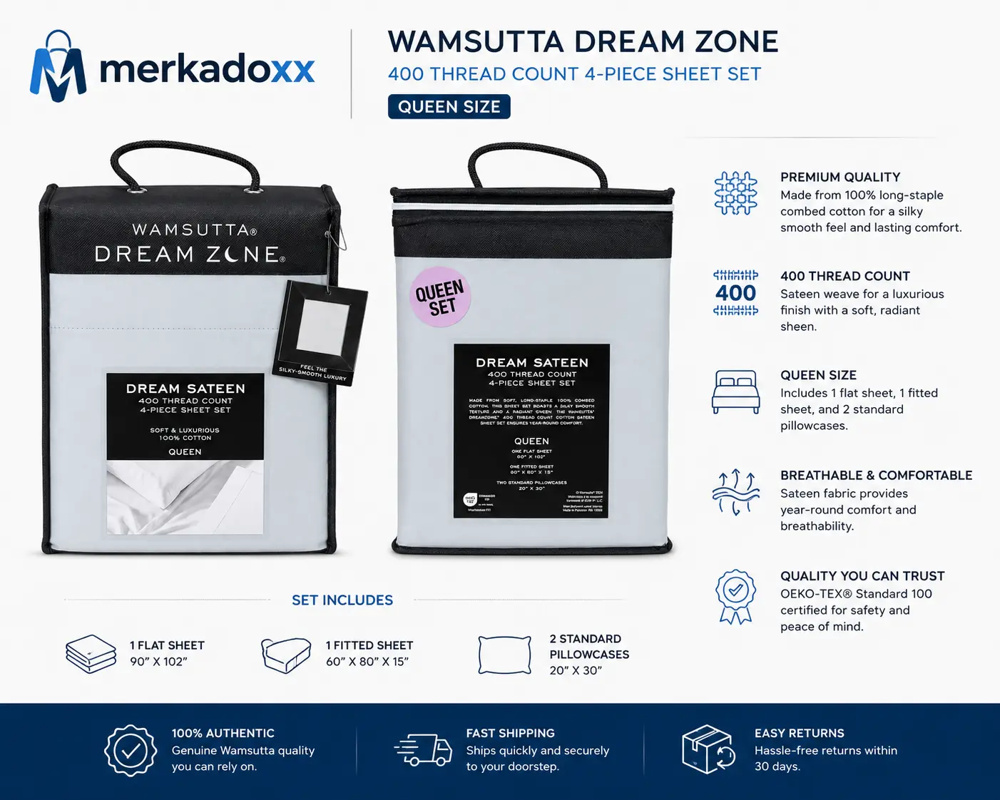 Wamsutta Dream Sateen Queen Sheet Set Blue Gray 400TC 100% Cotton 4 Piece
