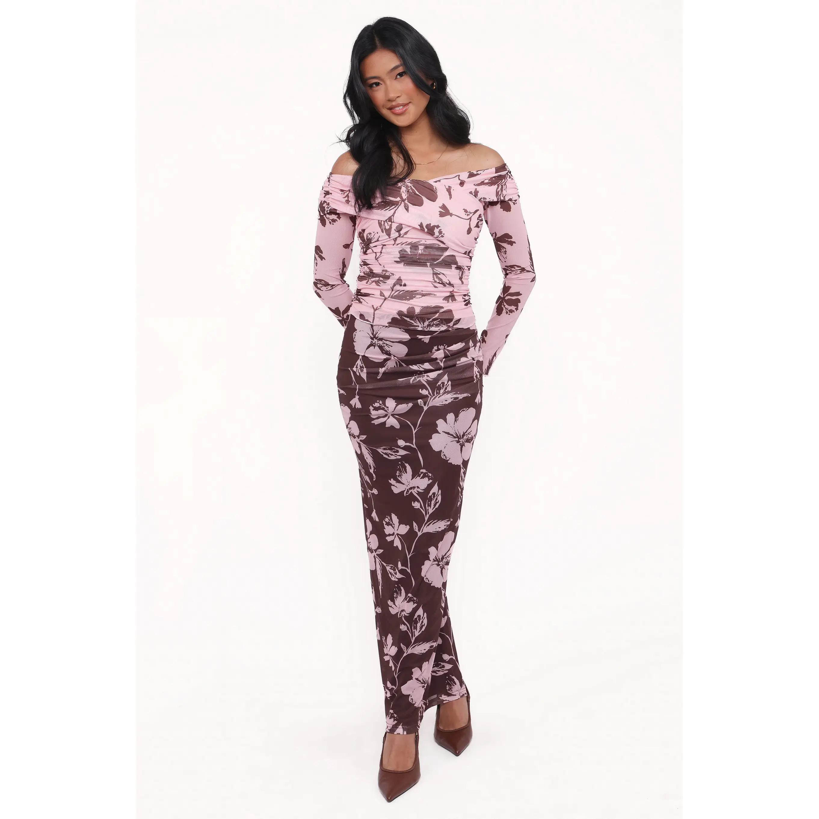 Navida Mesh Midi Skirt - Pink Brown Floral
