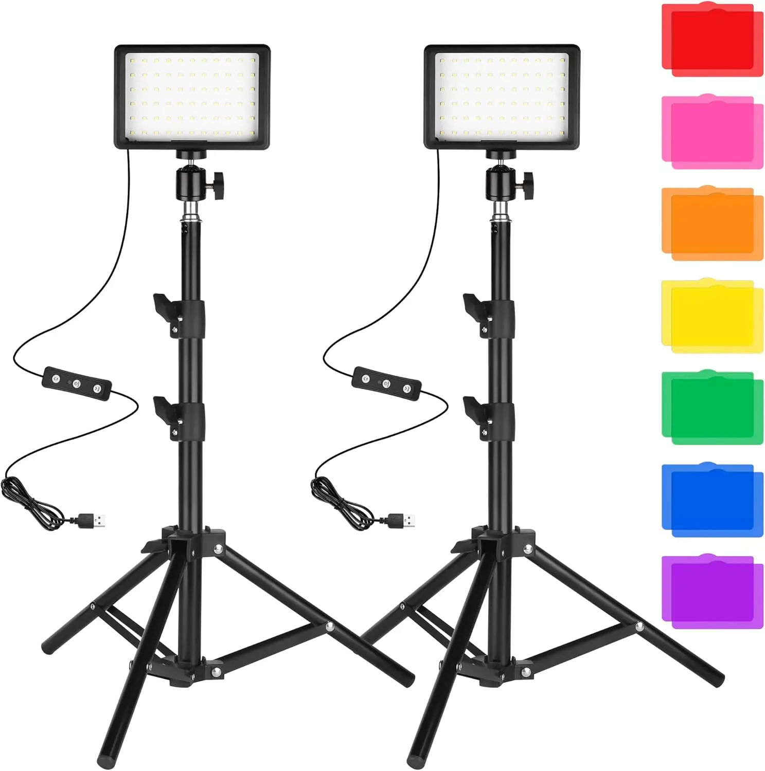 LED Photo Video Light 2-Pack,  Dimmable 5600K USB LED Continuous Light Photography Light with Tripods and Color Filters for Photo Studios, YouTube, , Video Recording,  Streaming