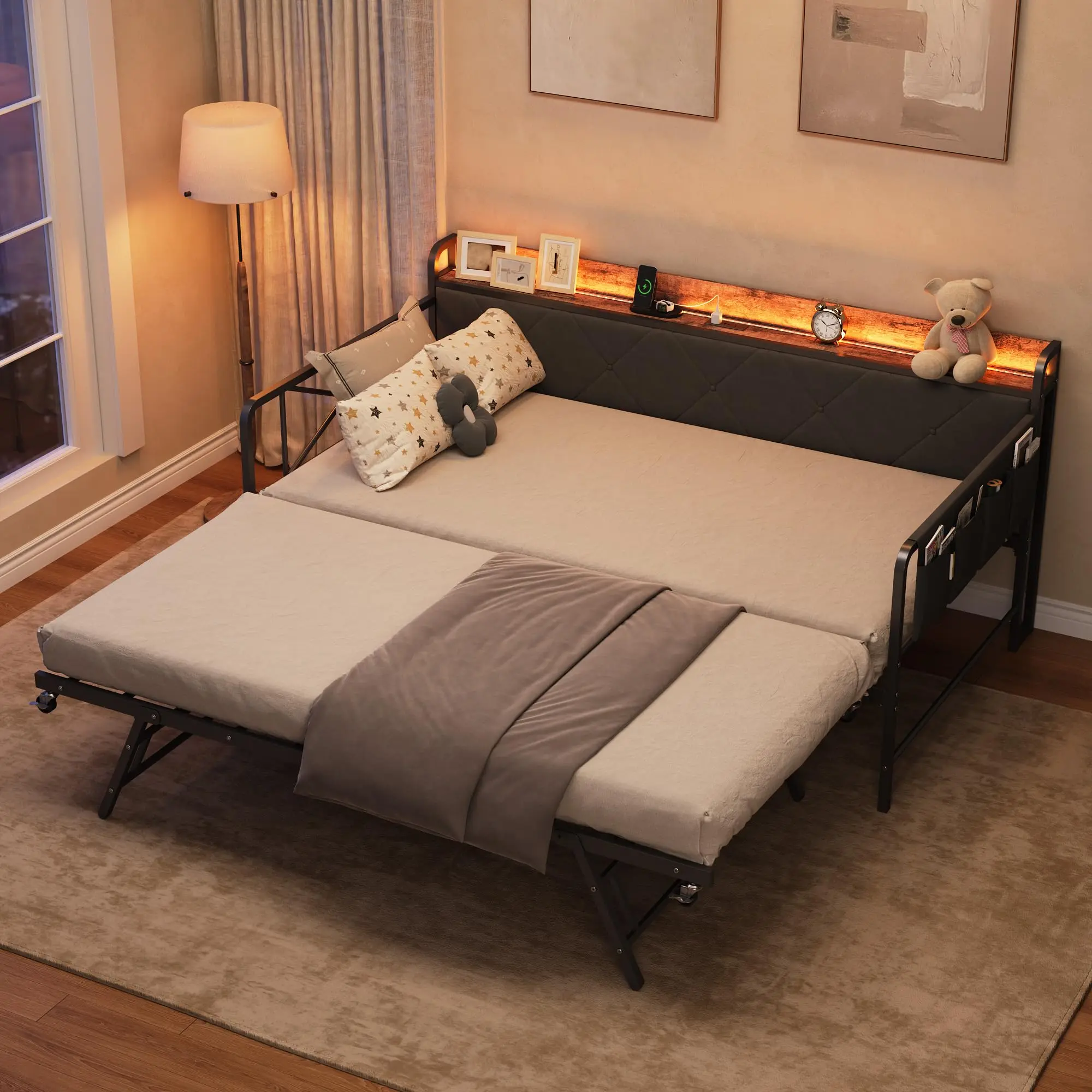 【GARVEE】Modern Twin Size Daybed with Trundle and LED Light, Upholstered Headboard with Charging Station, Sturdy Metal Frame Sofa Bed for Living Room, Bedroom, or Guest Room - Black Iron Frame, Gray Linen Backrest, Vintage Boards