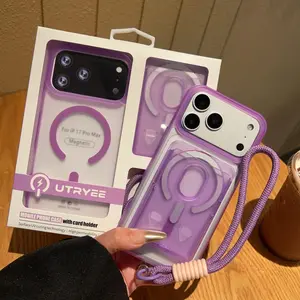 Macaron Color Phone Case, Matte Magnetic Card Holder Stand, Anti-Drop Shockproof Phone Cover with Wrist Strap, Fits iPhone 11 12 13 14 15 16 17 Pro Max, Casing