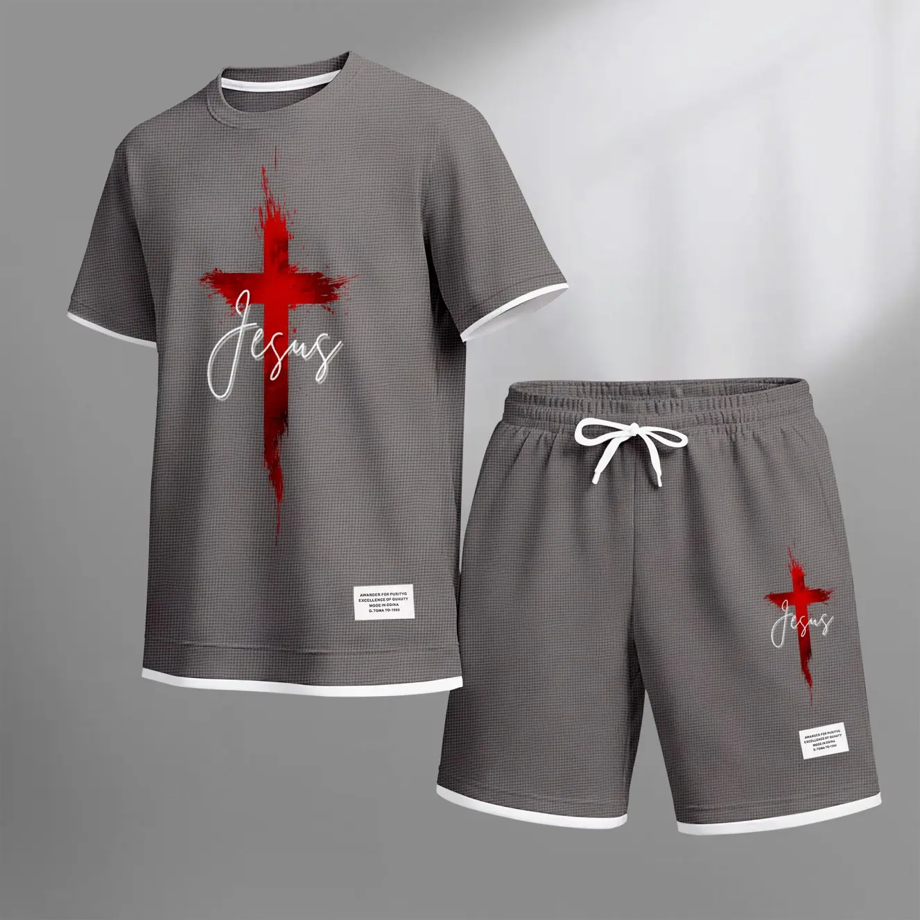 Men's Jesus Cross Print Waffle Fabric Short-Sleeved Shirt And Shorts Set