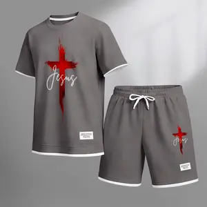 Men's Jesus Cross Print Waffle Fabric Short-Sleeved Shirt And Shorts Set