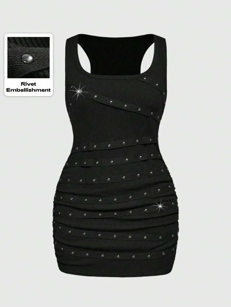ELIEEN Plus Size Grunge Punk Rock Rivet Mini Dress Women Rhinestone Strap Sleeveless Round Neck Low Cut Sexy Black Vest Dress for Concert Nashville Music Festival
