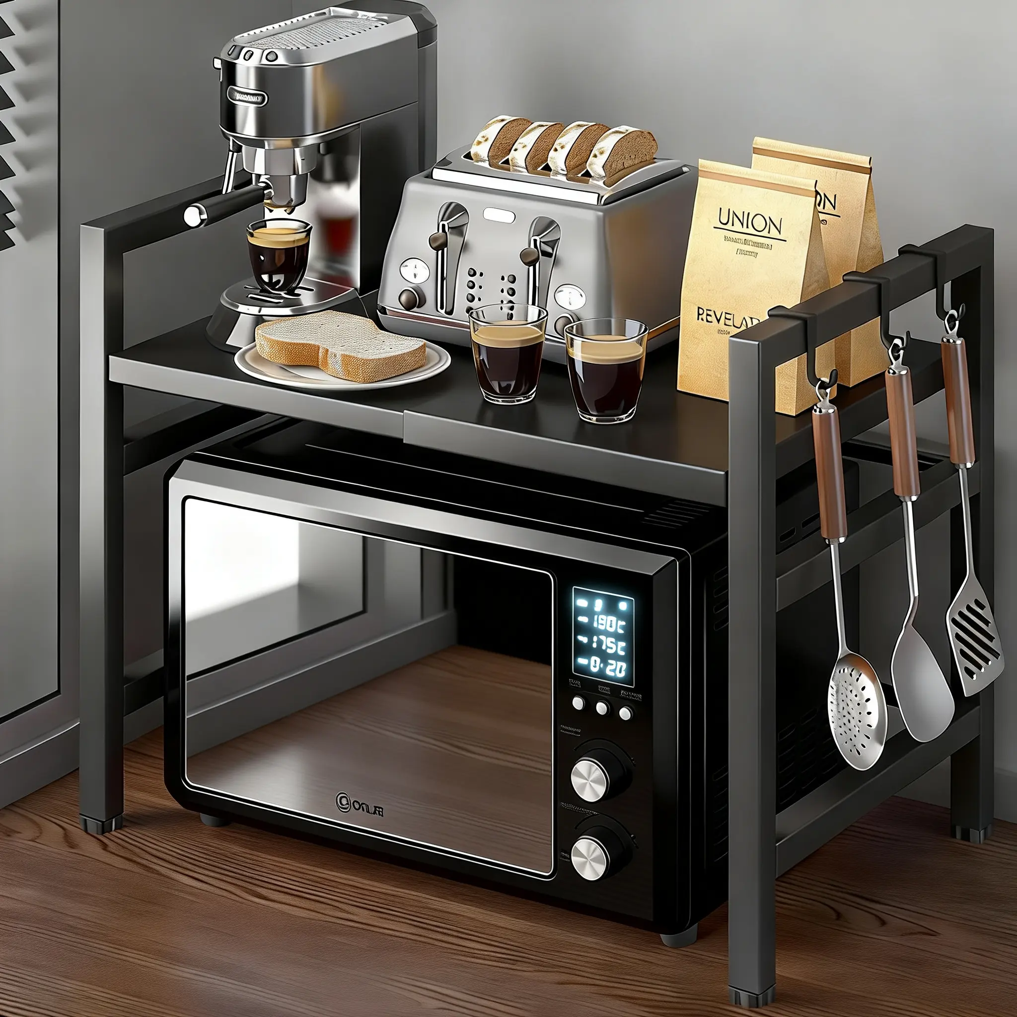 Small Kitchen Storage Microwave Stand, Expandable 2-Tier Adjustable Rack with Hanging Hooks, Countertop Organizer for Microwave & Small Appliances