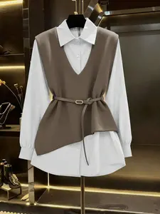 2025 Autumn Fresh Debut: Ladies' 2 In 1 Jacket-Shirt Ensemble, Boasting Artful Asymmetrical Tailoring, Exquisite Button Accents & An Adjustable Waist Sash, Streamlined Silhouette That Enhances A Slimmer Look, Versatile For Office Commutes, Leisurely Weeke