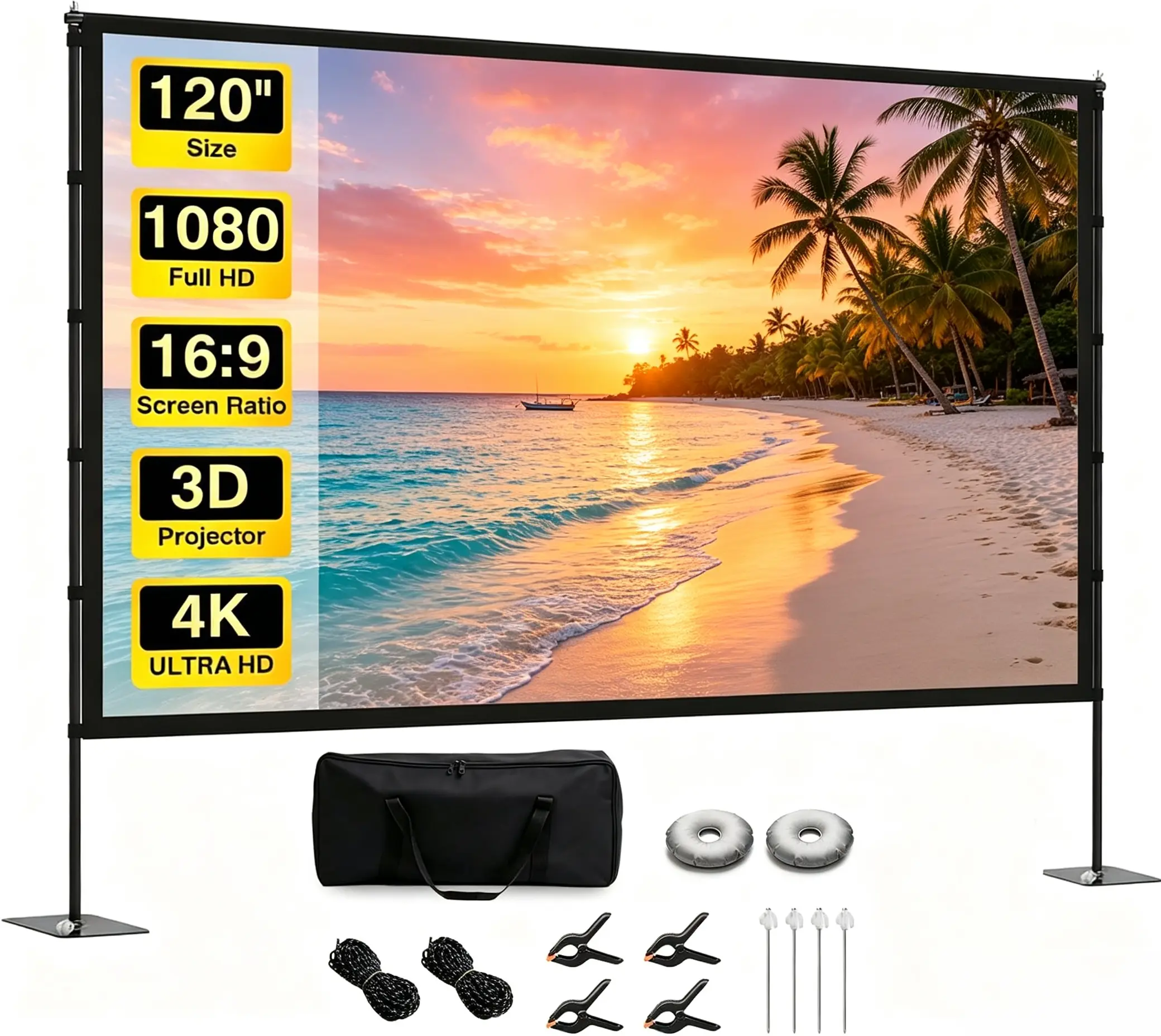 120" Outdoor Projector Screen with Stand, 16:9 4K HD Portable Movie Projection Screen, Wrinkle‑Resistant Foldable Screen with Storage Bag for Backyard, Patio & Home Use