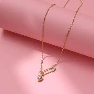 Women's safety pin necklace Gold crystal heart pendant Cross CZ Paper clip Pink gemstone necklace Fashion jewelry Fashion necklace CZ