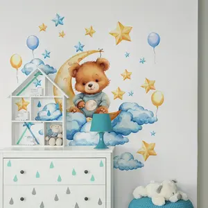 A (30*30cm) Goodnight Bear Balloon Star Moon Cloud Wall Sticker for Living Room, Bedroom, Bathroom Home Background Decoration M18501