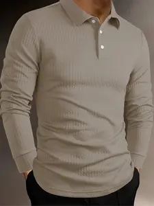 Pure Color Casual Sport Knit Elastic Curve Texture Jacquard Collar Polo Shirt, Comfortable and Stylish, Perfect for Daily Wear