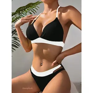 Women 2-Piece Black White High Waisted Bikini Set, Ruched Tummy Control Swimwear with Adjustable Straps, Slim Fit Flattering Beach Bathing Suit for Summer Pool Vacation