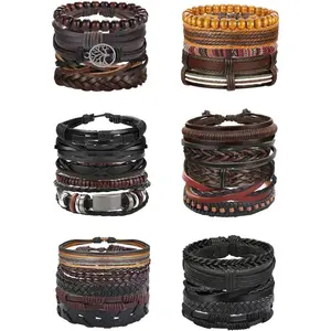 YADOCA 30PCS Braided Leather Bracelets for Men Women Wrap Wood Beads Bracelet Woven Ethnic Tribal Rope Wristbands Bracelets Set Adjustable