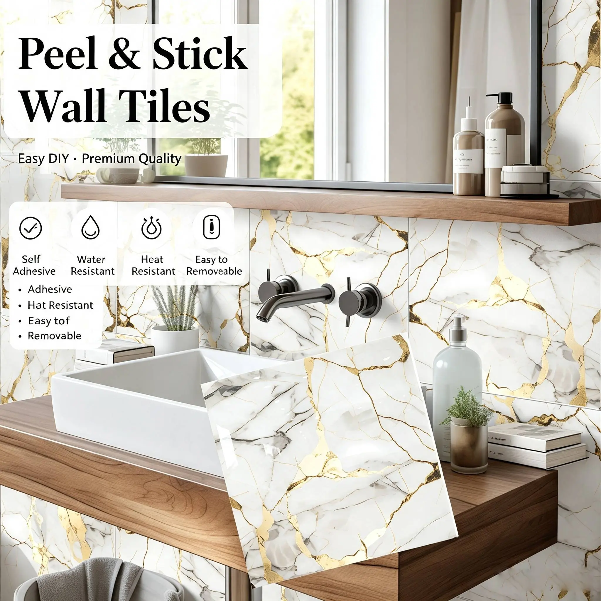 MOONFUN White Gold Kintsugi Marble Peel and Stick Wall Tiles, 10Pcs 12×12in Gold Vein Crack Pattern, Waterproof Anti-Mold Self-Adhesive PVC Backsplash Stickers for Kitchen, Bathroom Decor oil-proof Butterfly Hollow sheets installation
