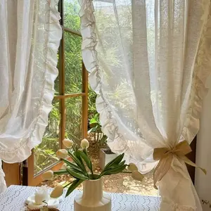 1pc French Ruffle Solid Color Linen Curtain, Coffee Drapes, Farmhouse Style Balcony Window Curtain, Korean Half Curtain Divider, Room Decor Curtain