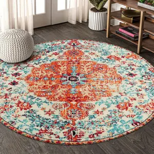 Bohemian Floral Medallion Round Rug - 4Ft Soft Bedroom Area Rug Oriental Dist