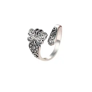 Vintage Floral Butterfly Adjustable Silver Spoon Ring