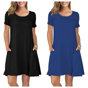 2-Pack Women's Casual T-Shirt Loungewear Dresses with Pockets, Plus Size Clothing Short Sleeves Pajama Dress, Relaxed Swing Fit Summer
