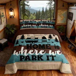 Rustic Adventure Camper Comforter Set,Pine Tree Wooden Cabin Farmhouse Bedding Set Room Decor,Lake House RV Quilt Comforter,Brown Retro Duvet Insert