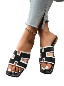 Summer Women's Square Toe H-Strap Sandals, Flat Soft Sole Anti-Slip, Fashionable Colorblock, Comfortable for Daily Wear, Beach Vacation