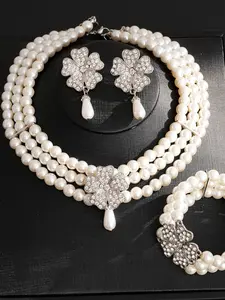 Elegant Rhinestone Pearl Flower Water Drop Pendant Earrings Necklace Set, French Vintage Choker Chain, Luxurious High-End Jewelry