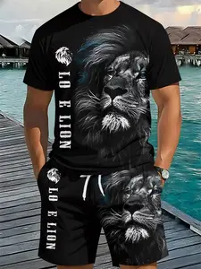 Black Background Lion King Men's 3D Digital Printing Two-Piece Set, 2Pcs, Trendy Fashion Set, Trendy Retro Casual Two-Piece Set, Vacation Style Trendy Outfit, Breathable Sports Casual Style, a Perfect Holiday Gift for Men, Menswear, Clothes