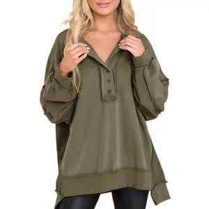 Women's Oversized Button Henley Sweatshirts,Casual Long Sleeve Pullover Sweater,V Neck Solid Patchwork Tunic Tops,2025 Fashion Womenswear Fall Winter Outfits