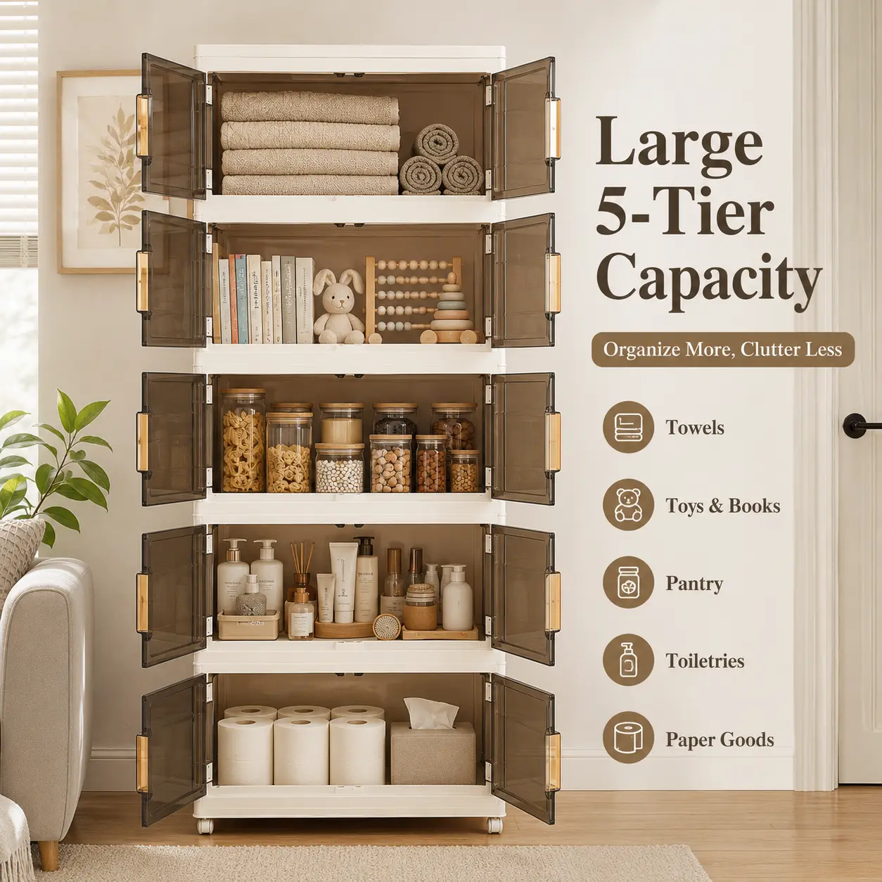 Naviconvex 5-Tier Foldable Storage Cupboard - Expandable Accent Organizer with Adjustable Height, Large Capacity, Magnetic Doors, Wheels for Apartment, Entryway, Accent Cabinet