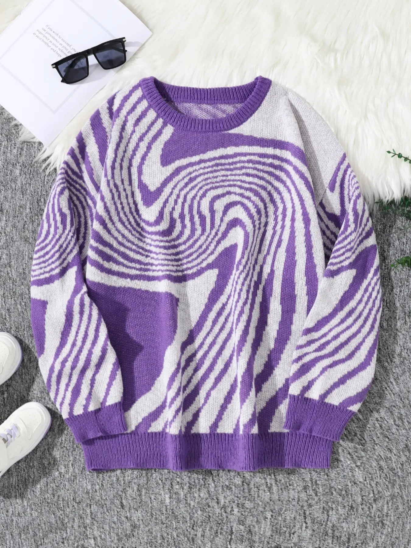 Unisex Soft High-Quality Knit Sweater, Casual Warm Round Neck Crewneck Pullover for Autumn Winter, Fashion Irregular Curve Pattern Design