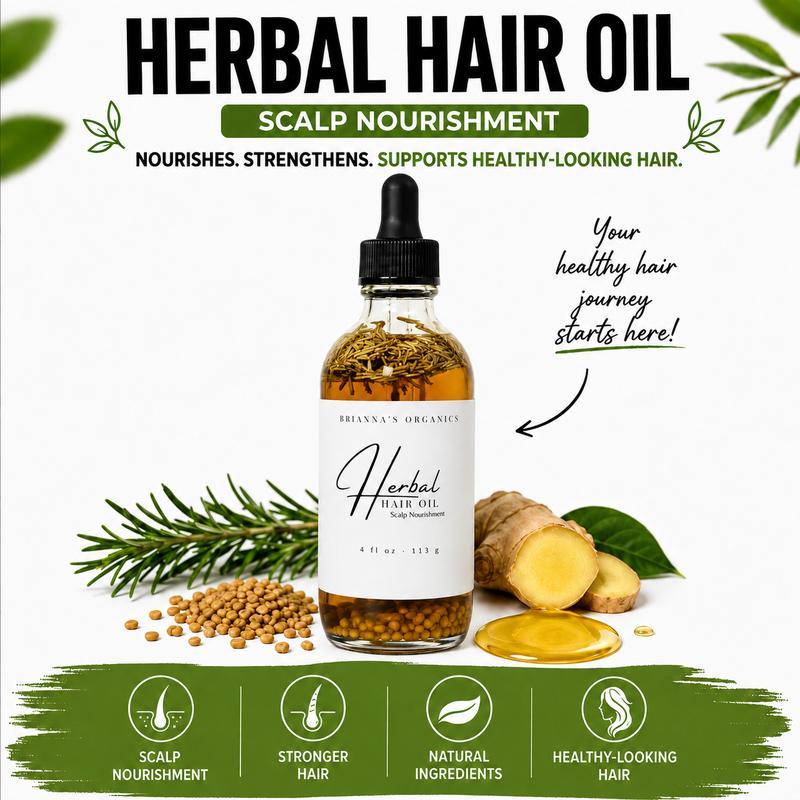 Brianna’s Organics Gentle Herbal Hair Growth Stimulator (Ginseng, Rosemary, Fenugreek, Jasmine, Lavender, Coconut Oil, Jojoba Oil, Peppermint, Calendula) - 4 oz Lightweight Scalp Moisturizer for Adults’ Dry/Normal Scalps