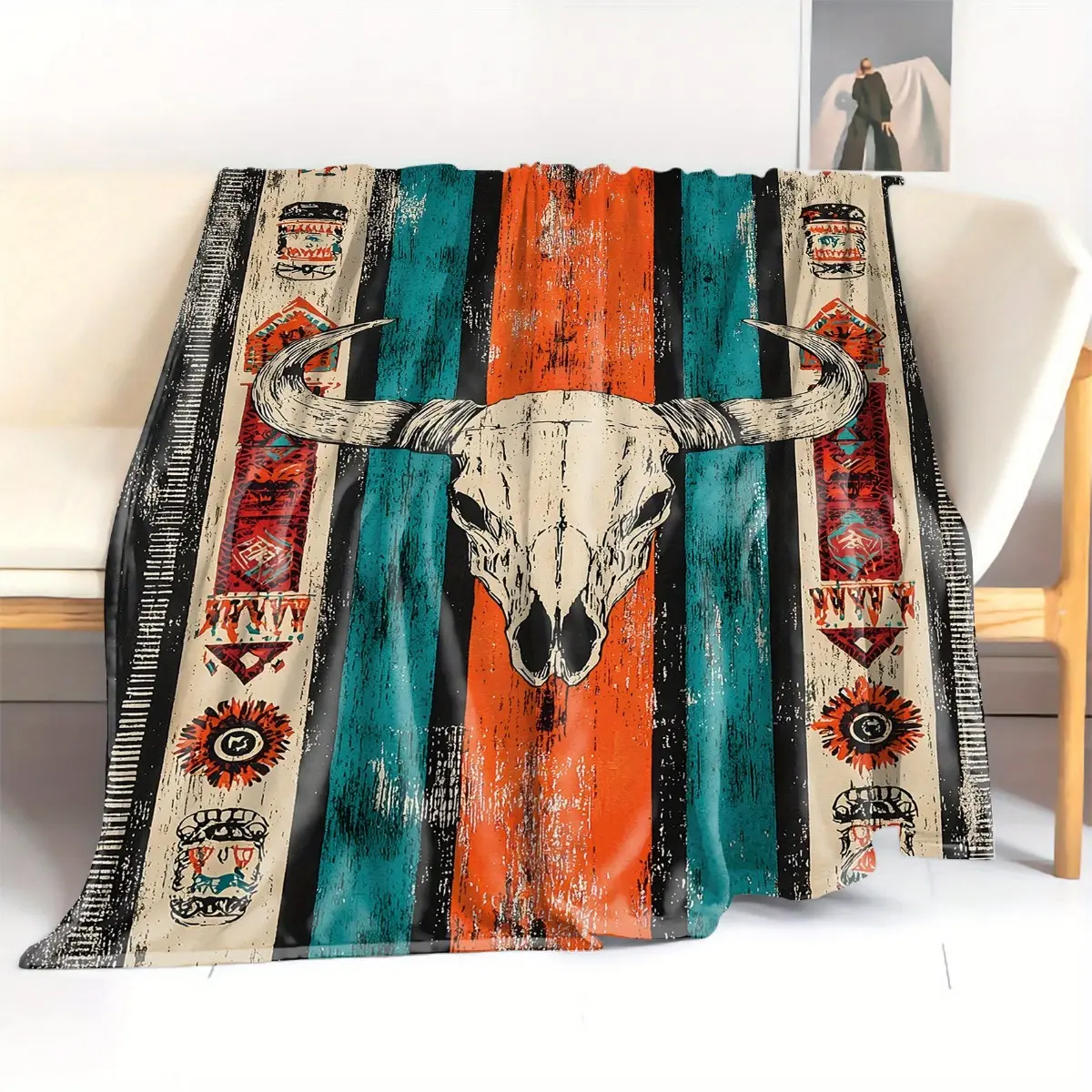 Modern Multi-Size 1-Piece Flannel Throw Blanket - Soft, Cozy, with Bull Skull Print and Aztec Design, for Home & Travel Use