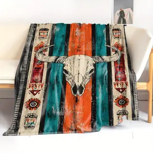 Soft & Cozy Flannel Throw Blanket with Western Bull Skull and Aztec Design - for Bed, Sofa, Office, Camping Car Travel Home