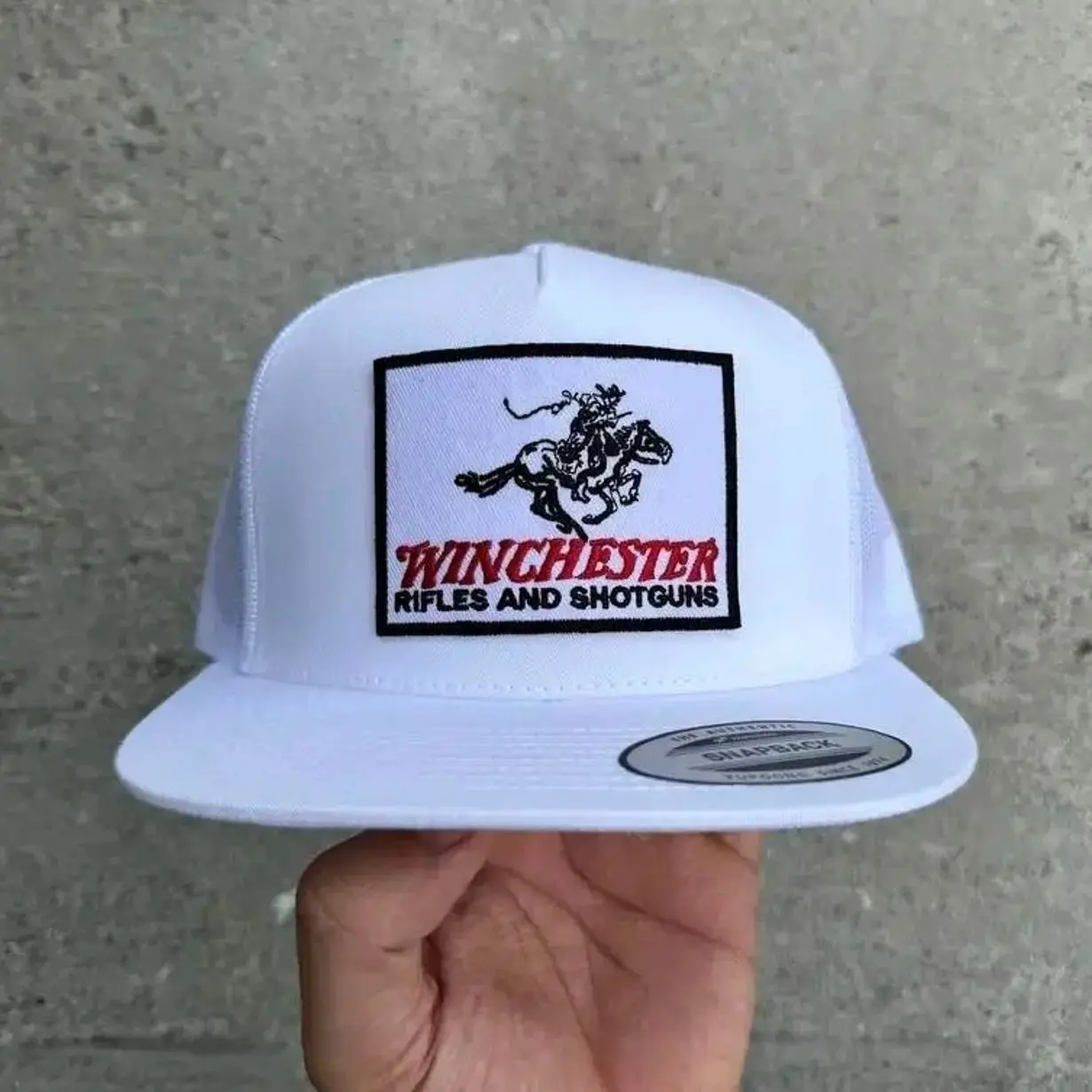 Winchester Rifle Rider Patch Trucker Hat | Cowboy Horseback Baseball Cap | Rifles And Shotguns Style Mesh Snapback Hat | Western Hunting Flat Bill Cap
