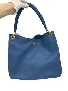 Pre-owned PRADA Vintage Blue Grained Leather Braided Handle Tote Bag/WJ04127037/7037