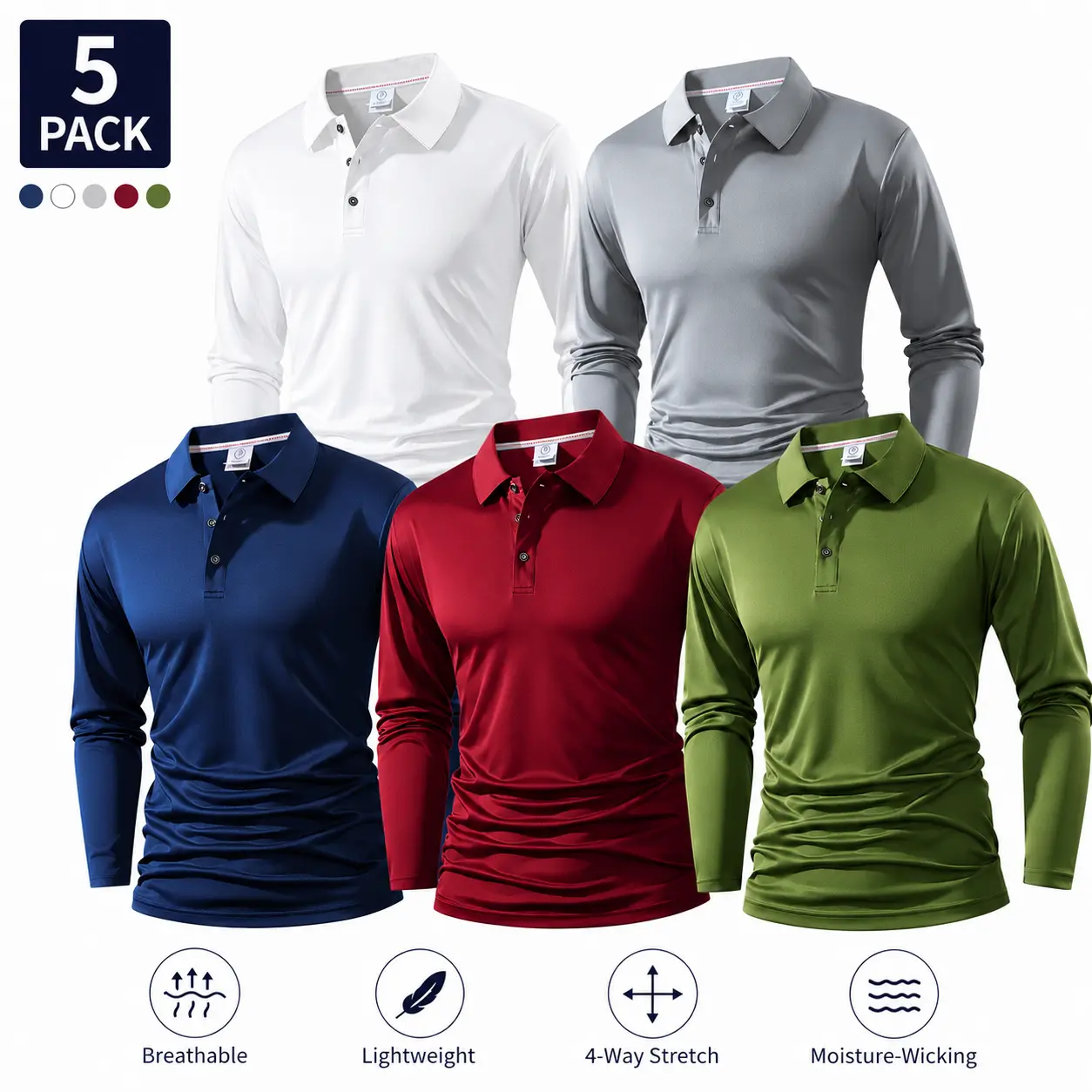 5-Pack Men’s Long Sleeve Polo Shirts – Breathable, Lightweight, Moisture-Wicking Casual Golf Performance Tops